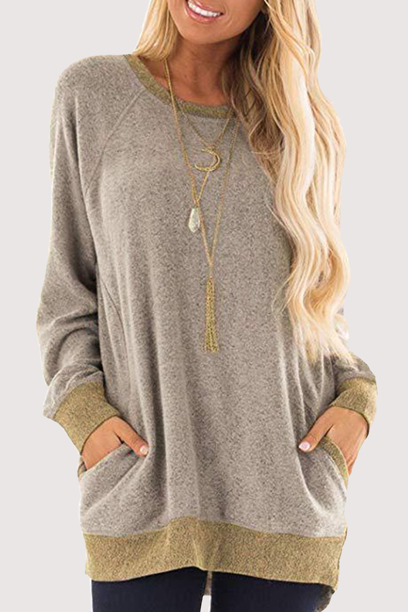Casual Patchwork Pocket O Neck Tops