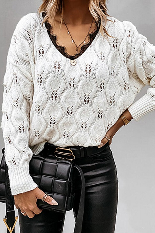 Casual Patchwork Lace Hollowed Out V Neck Tops