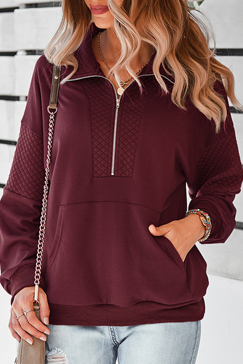 Casual Solid Pocket Zipper Turndown Collar Tops