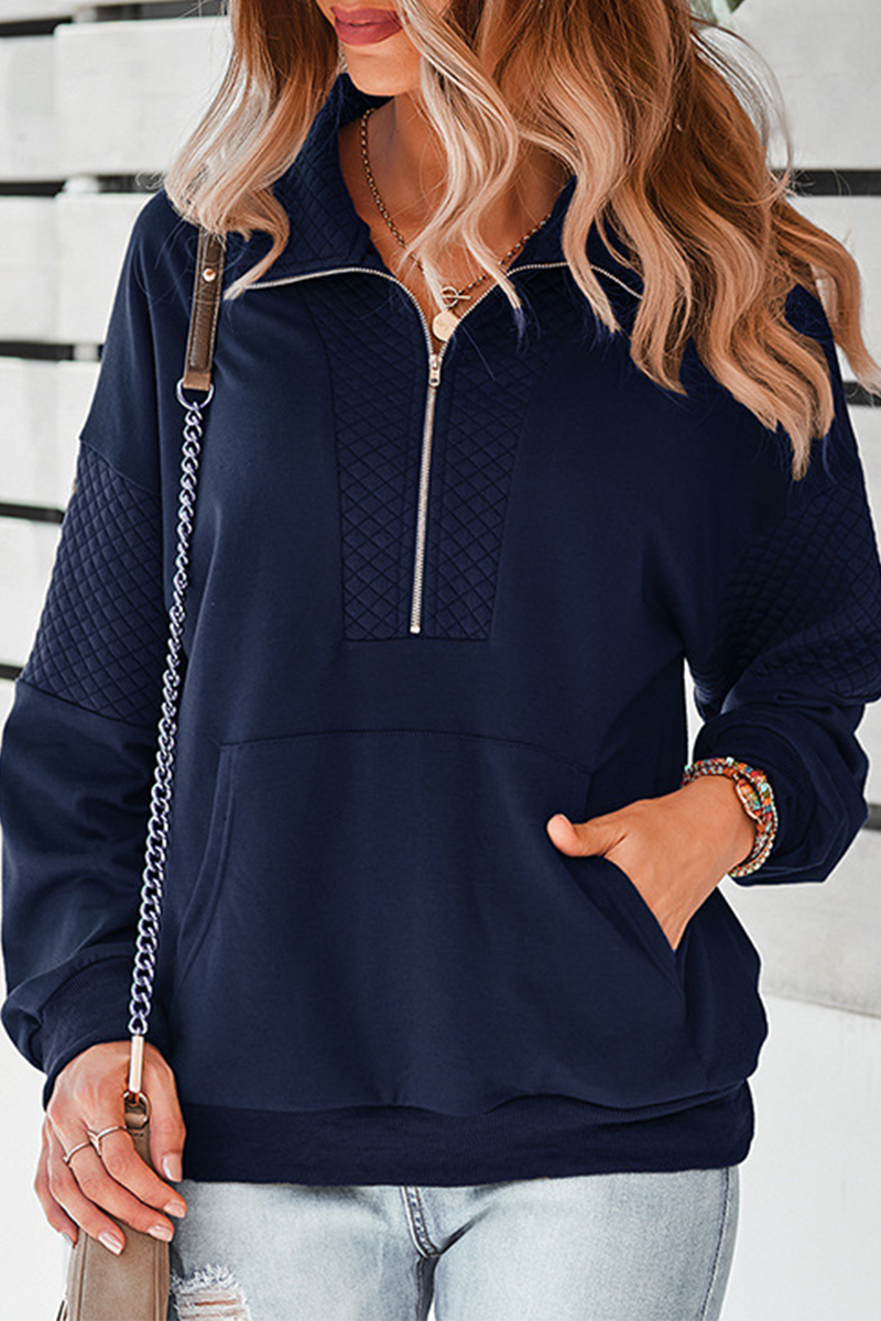 Casual Solid Pocket Zipper Turndown Collar Tops