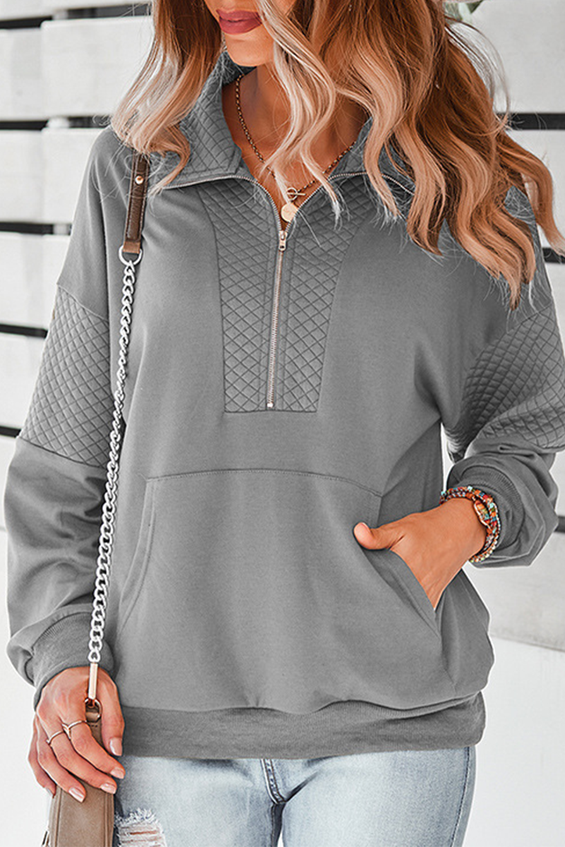 Casual Solid Pocket Zipper Turndown Collar Tops