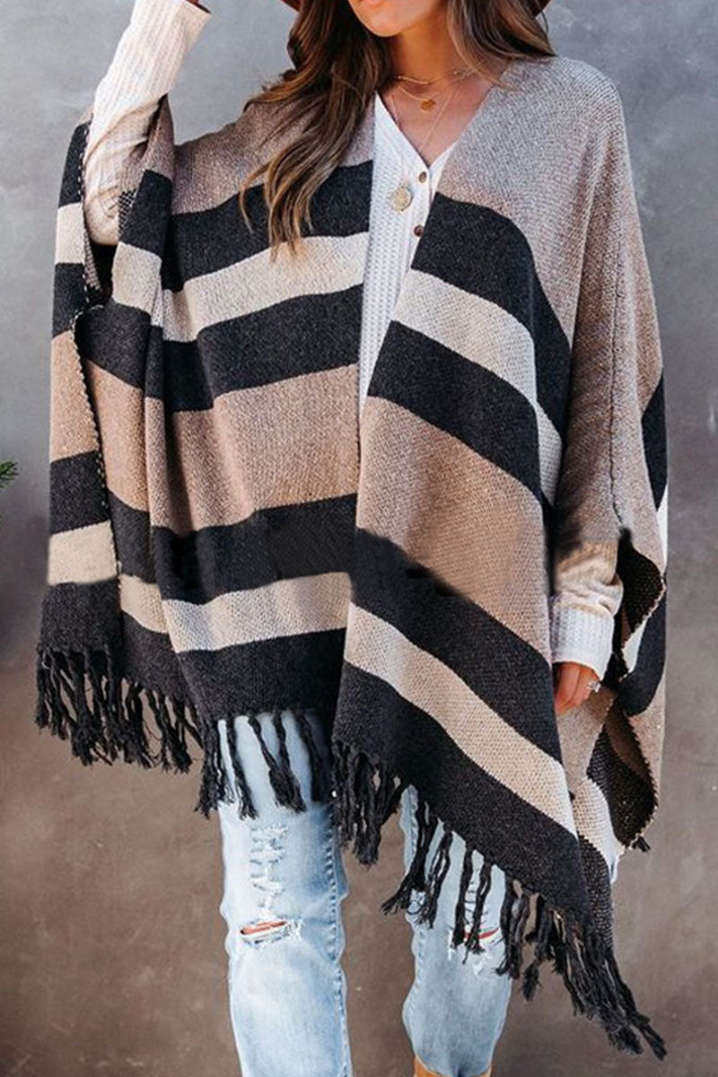 Fashion Street Striped Tassel Split Joint Tops