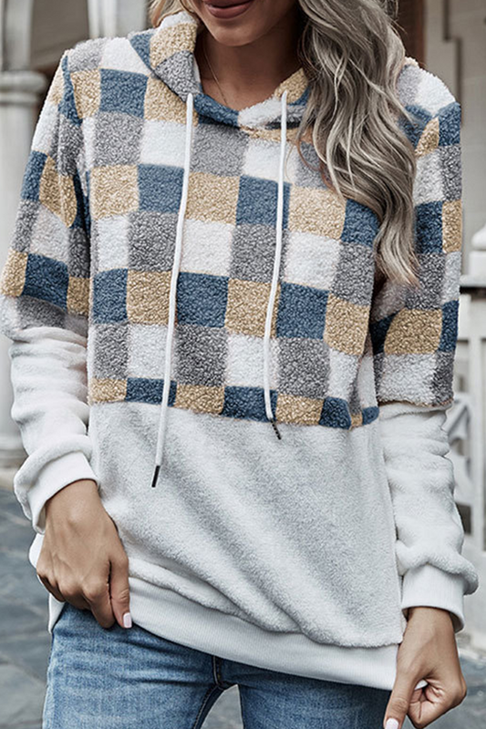 Street Plaid Draw String Hooded Collar Tops