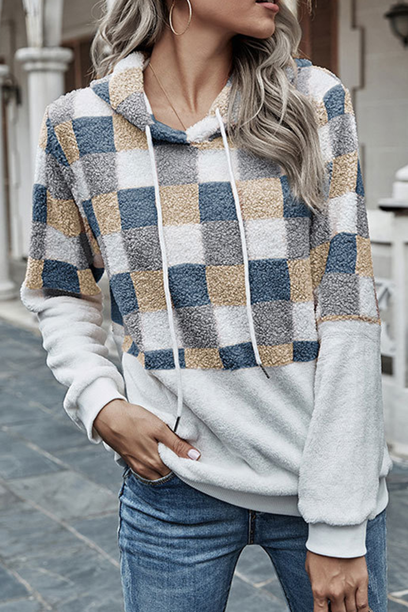 Street Plaid Draw String Hooded Collar Tops