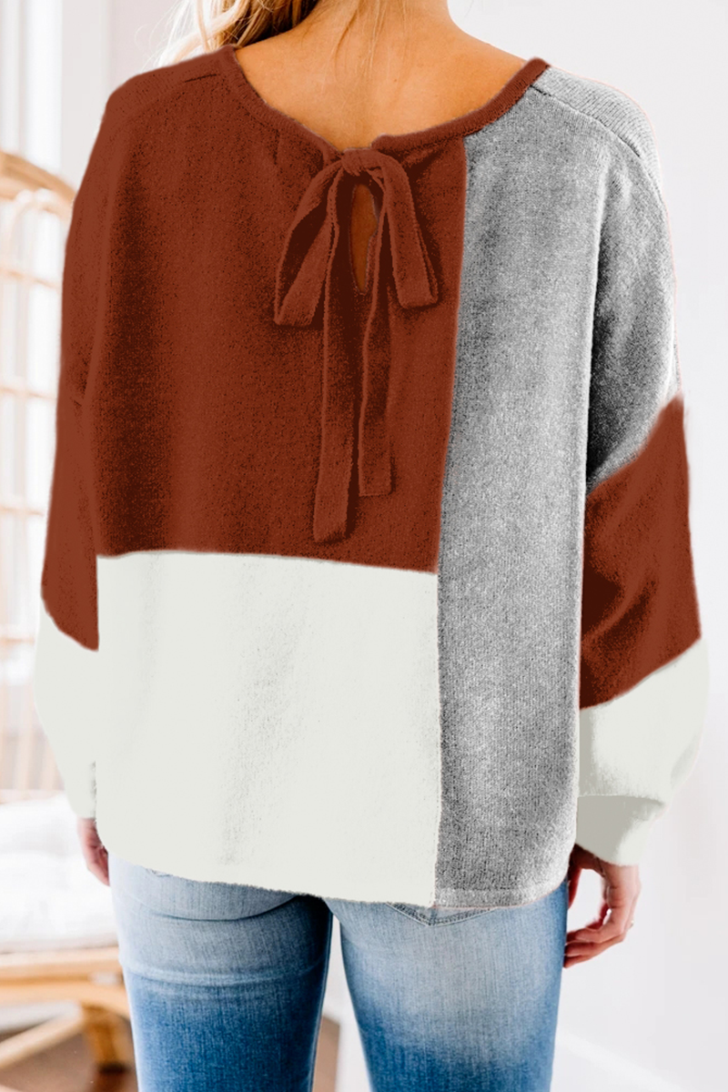 Casual Patchwork  Contrast O Neck Tops Sweater