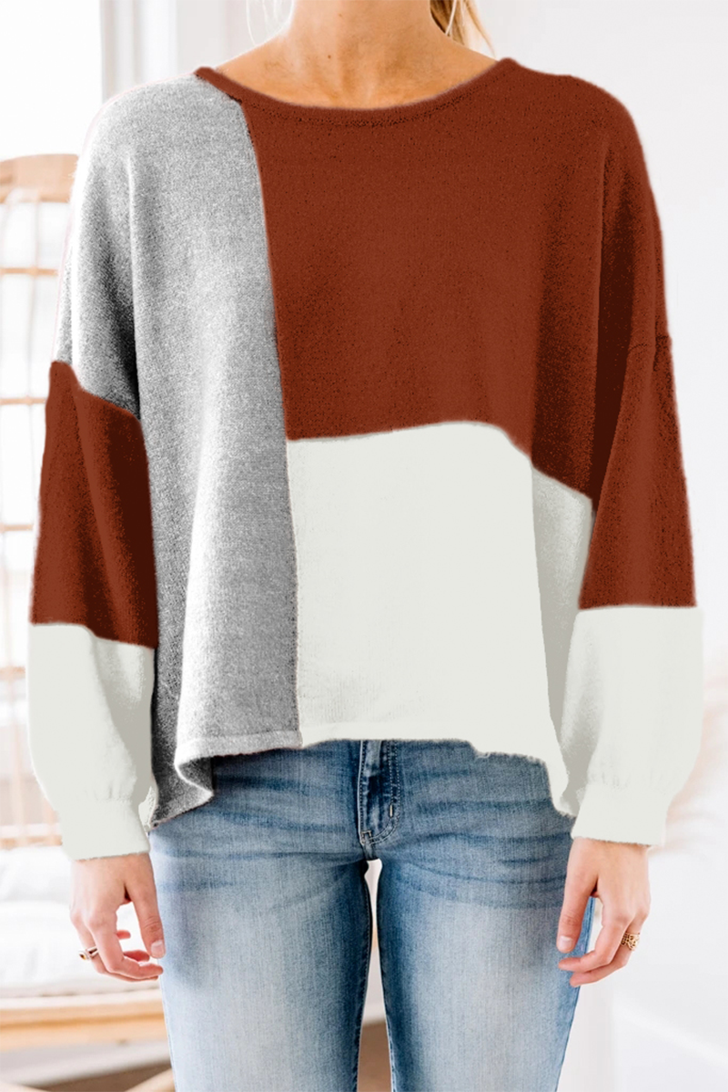 Casual Patchwork  Contrast O Neck Tops Sweater