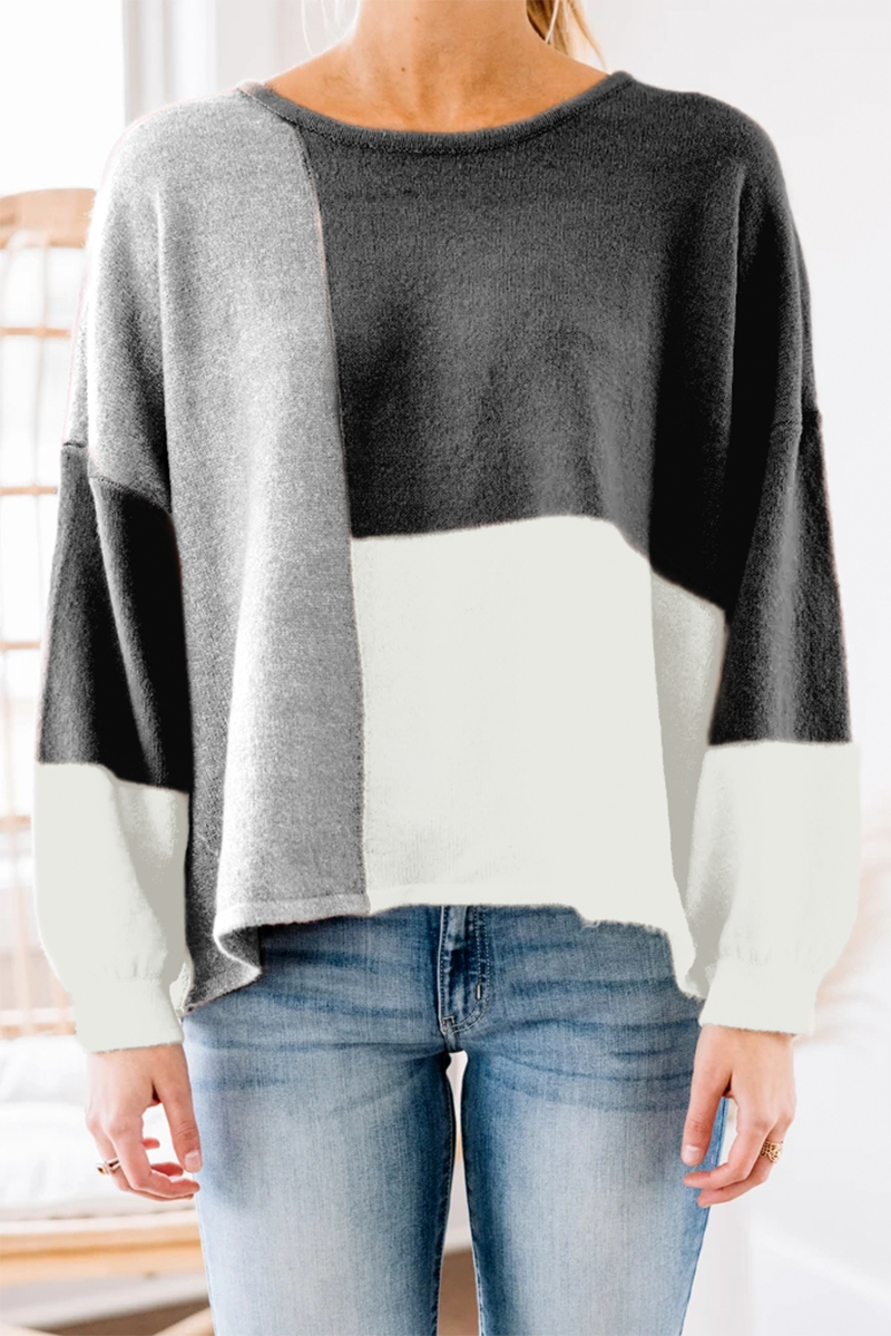 Casual Patchwork  Contrast O Neck Tops Sweater