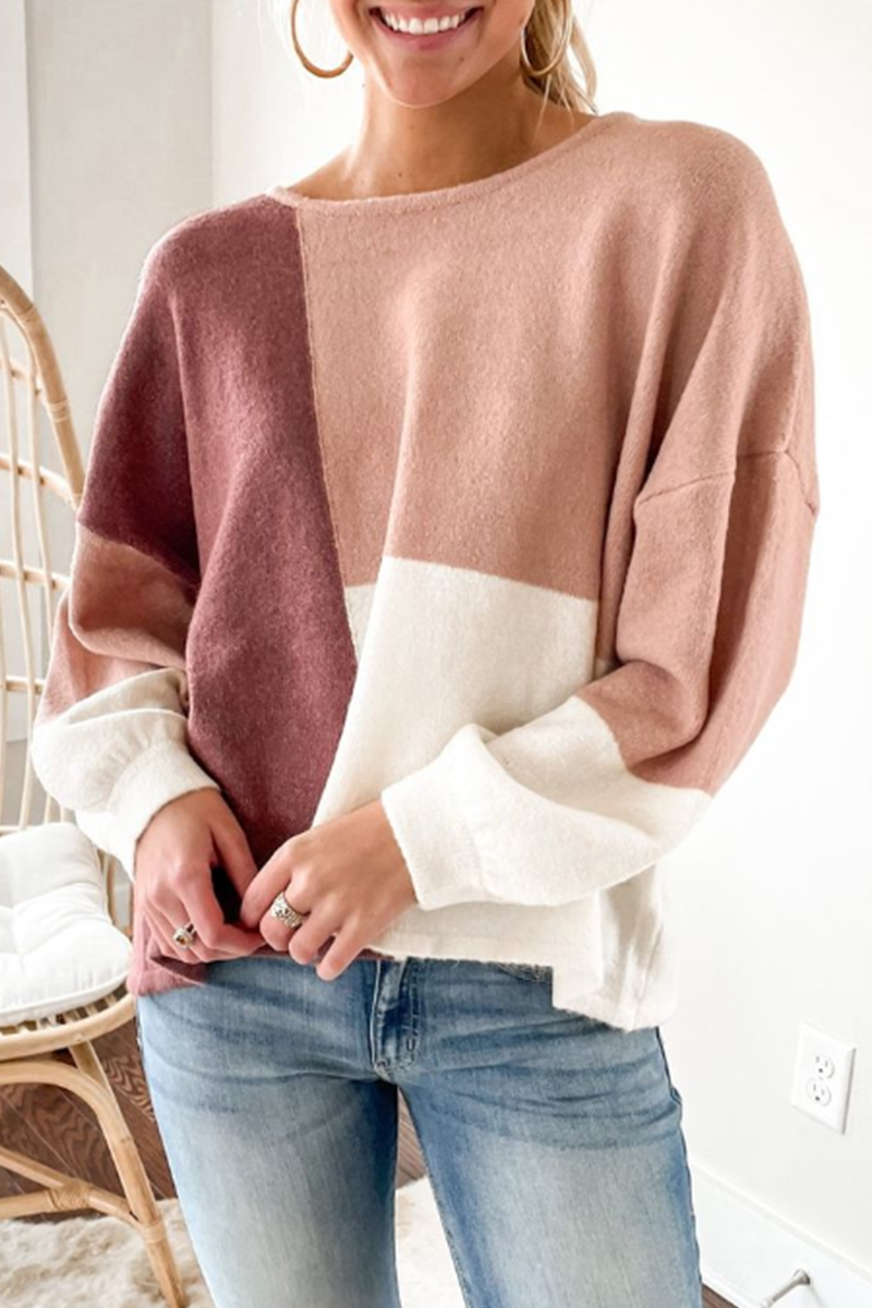 Casual Patchwork  Contrast O Neck Tops Sweater