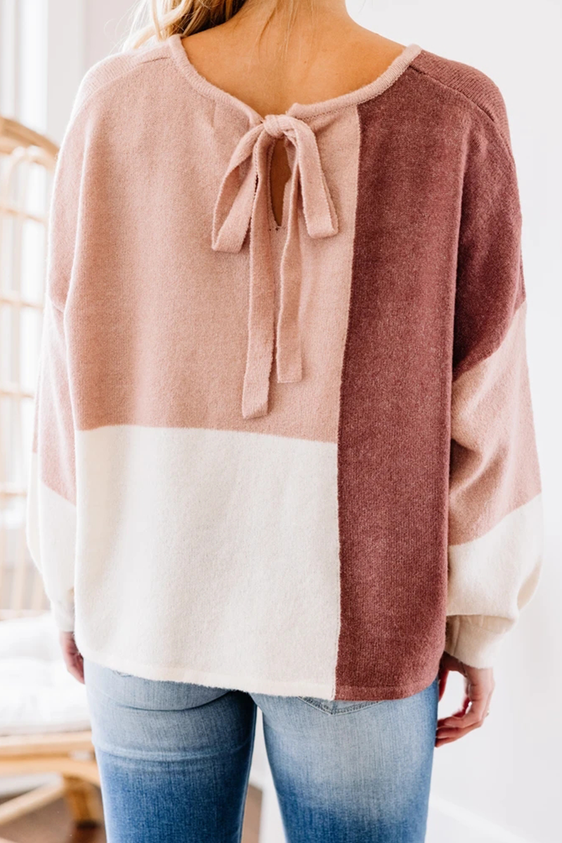 Casual Patchwork  Contrast O Neck Tops Sweater