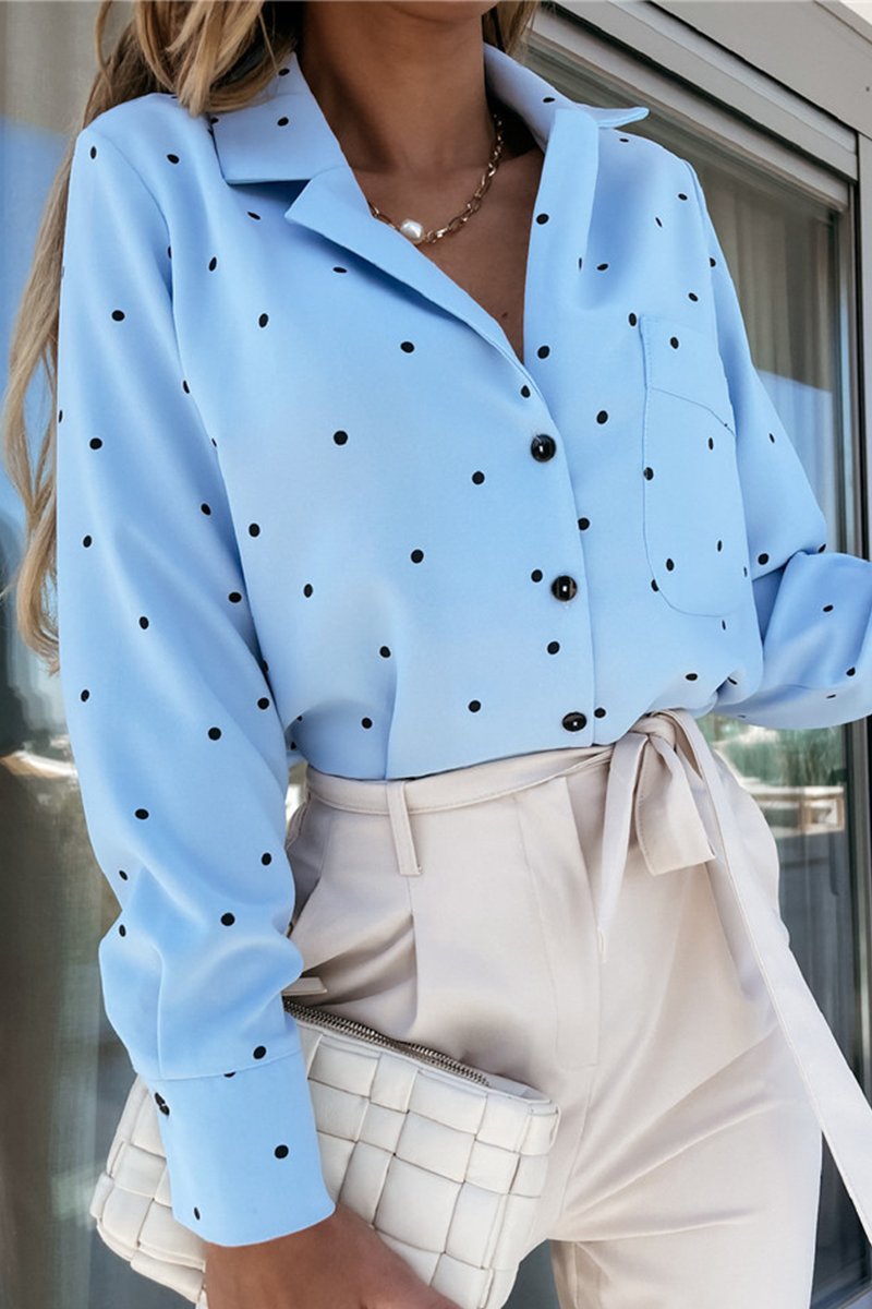 Casual Elegant Polka Dot Pocket Buckle Turndown Collar Tops