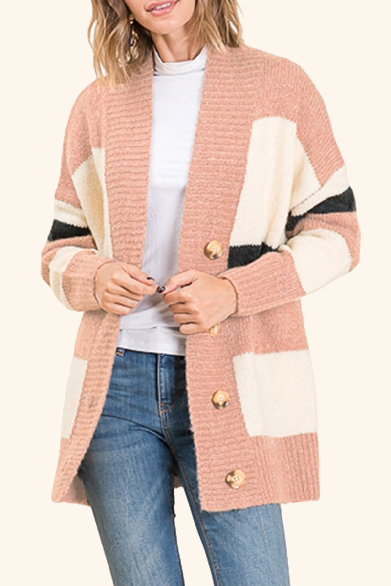 Casual Patchwork Buckle V Neck Tops Sweater