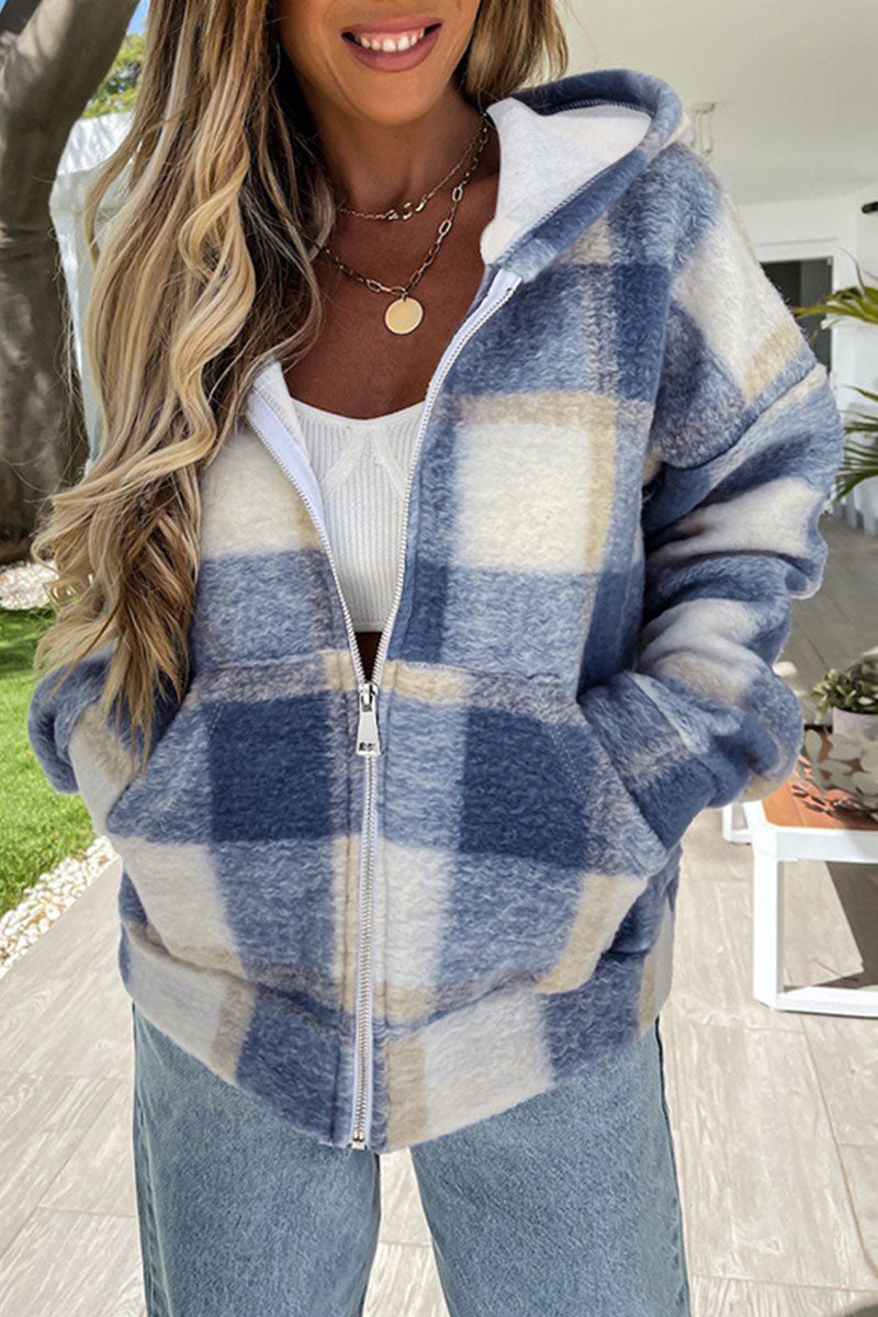 Fashion Casual Plaid Patchwork Hooded Collar Tops