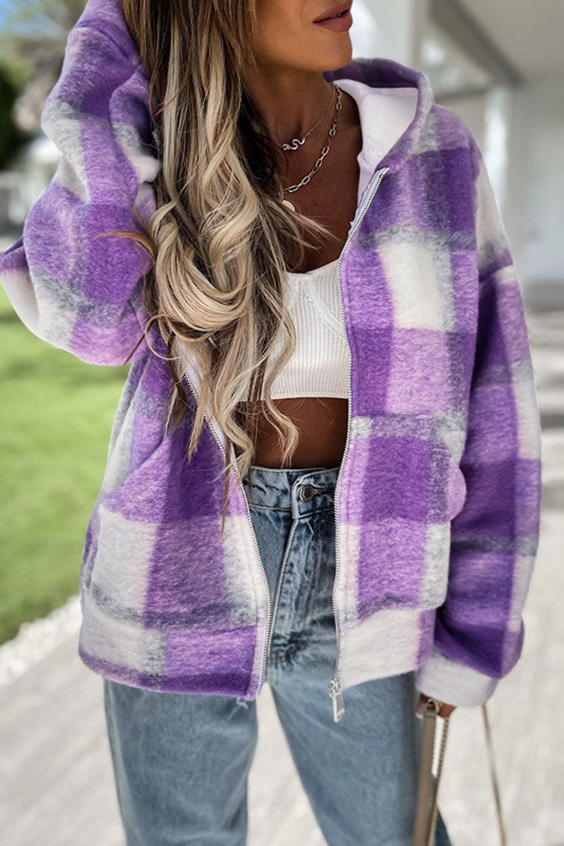 Fashion Casual Plaid Patchwork Hooded Collar Tops