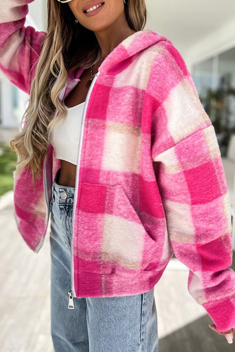 Fashion Casual Plaid Patchwork Hooded Collar Tops