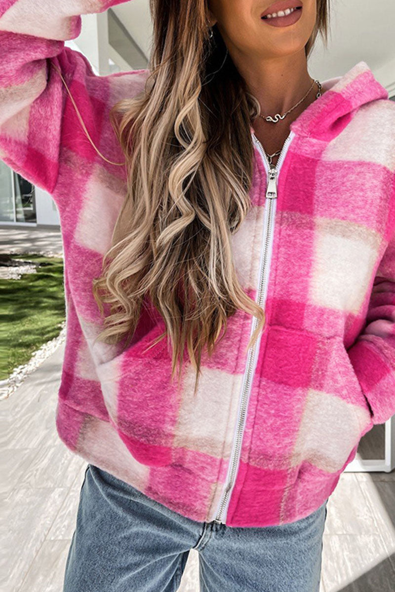 Fashion Casual Plaid Patchwork Hooded Collar Tops