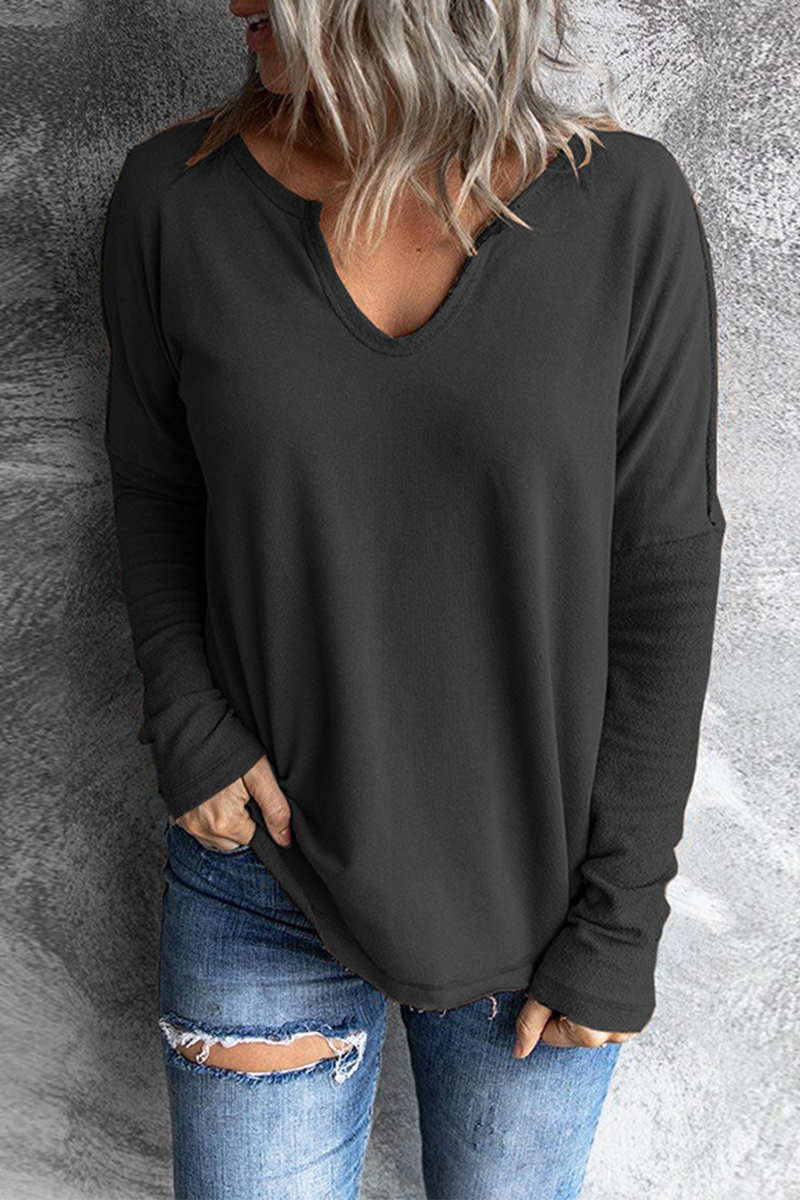 Casual Solid Split Joint V Neck Tops