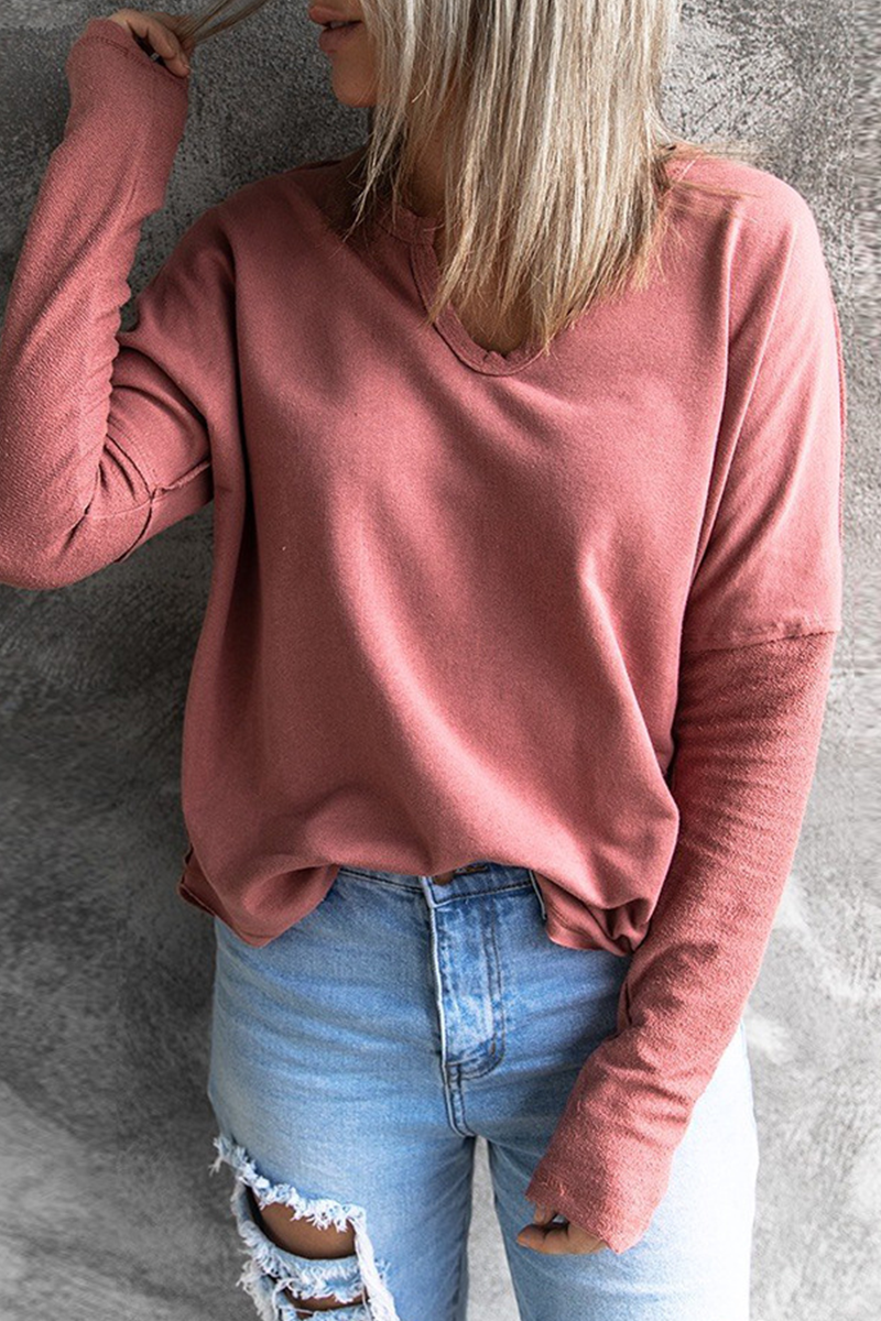 Casual Solid Split Joint V Neck Tops