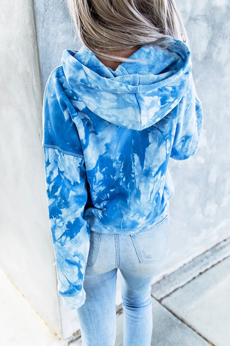 Street Tie Dye Draw String Pocket Hooded Collar Tops