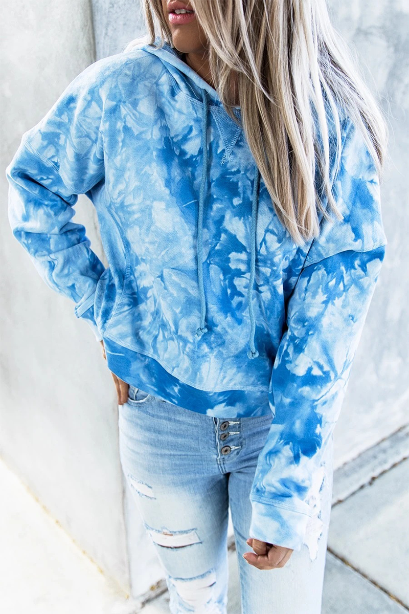 Street Tie Dye Draw String Pocket Hooded Collar Tops