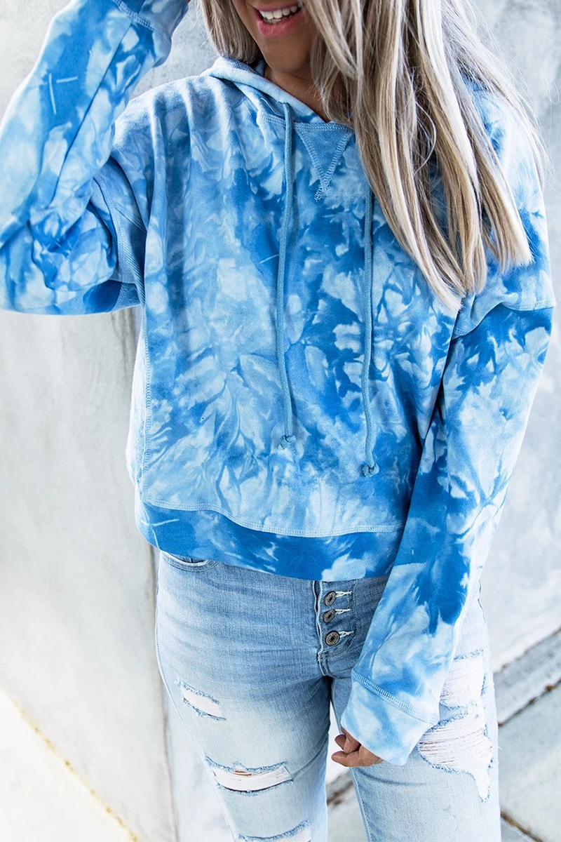 Street Tie Dye Draw String Pocket Hooded Collar Tops