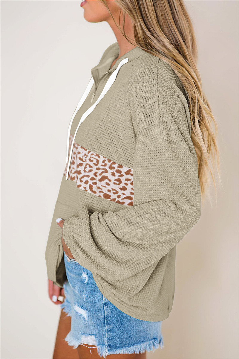 Casual Print Pocket Zipper Hooded Collar Tops