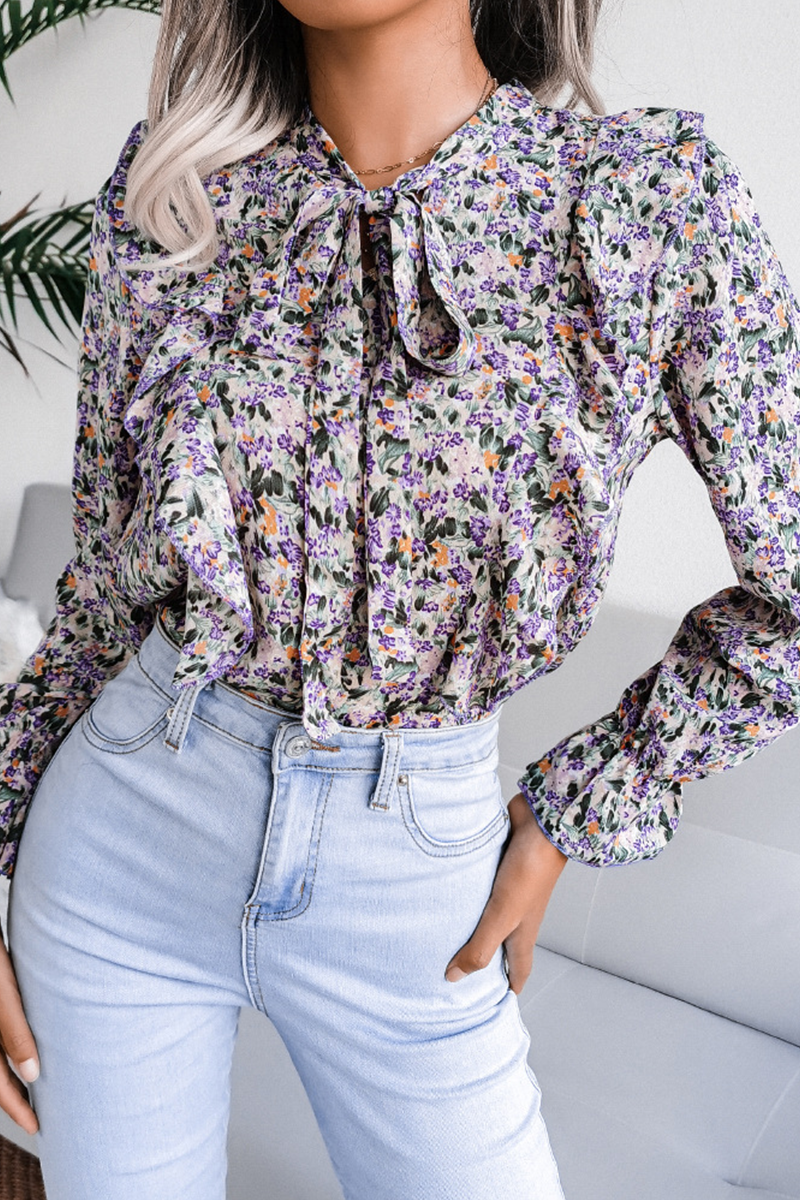 Casual Elegant Floral Frenulum Flounce Ribbon Collar Tops(4 Colors)