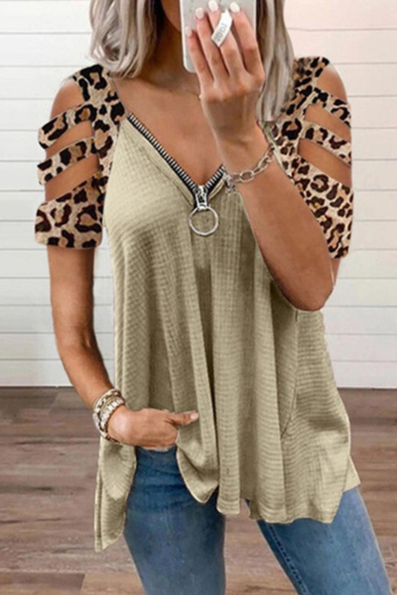 Casual Leopard Hollowed Out Zipper V Neck T-Shirts(7 Colors)