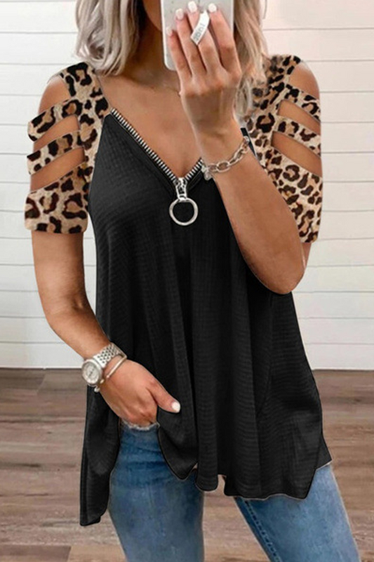 Casual Leopard Hollowed Out Zipper V Neck T-Shirts(7 Colors)