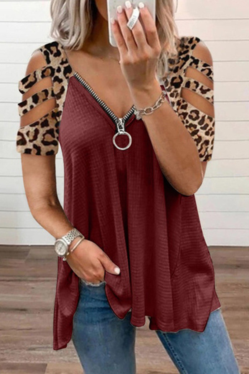 Casual Leopard Hollowed Out Zipper V Neck T-Shirts(7 Colors)