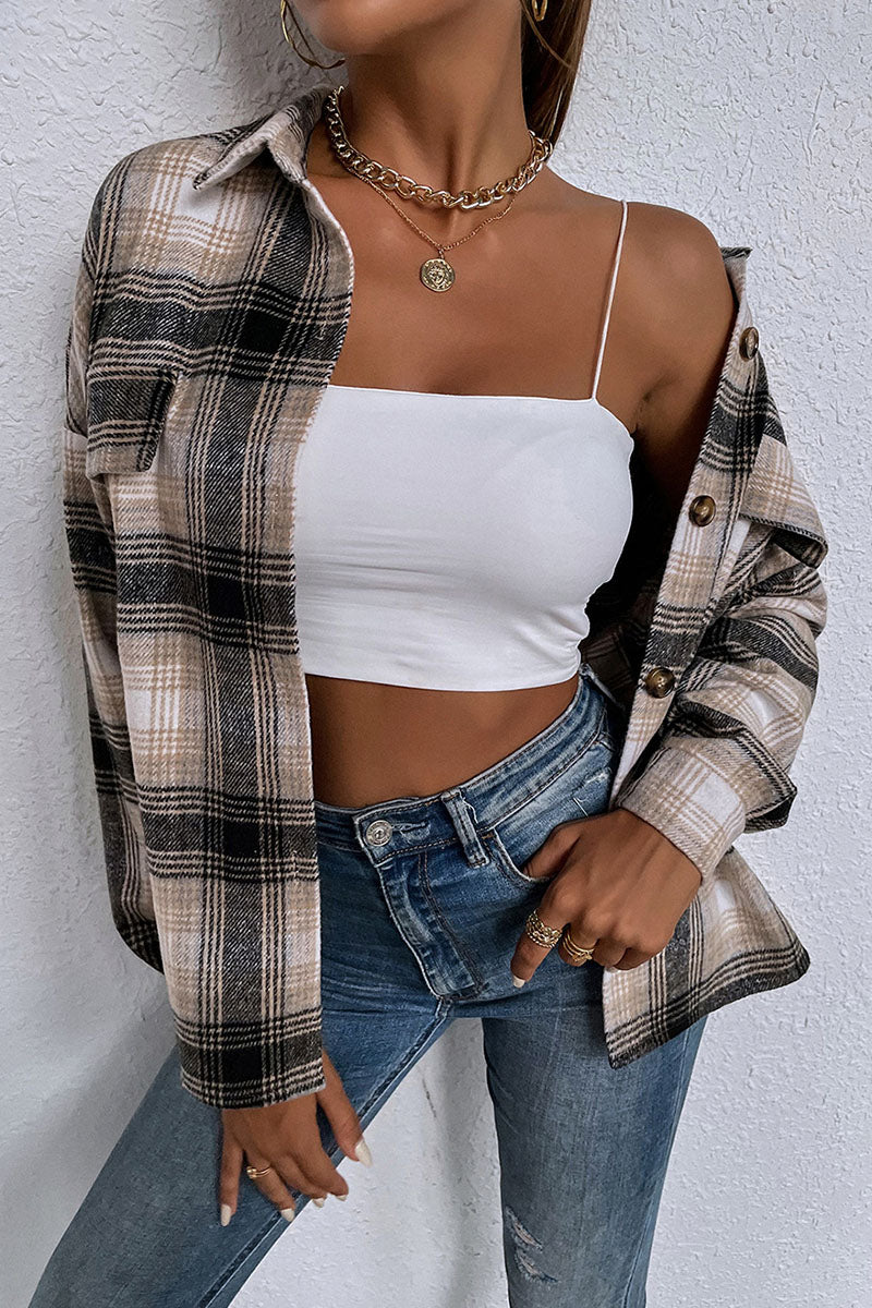 Casual Plaid Split Joint Turndown Collar Tops
