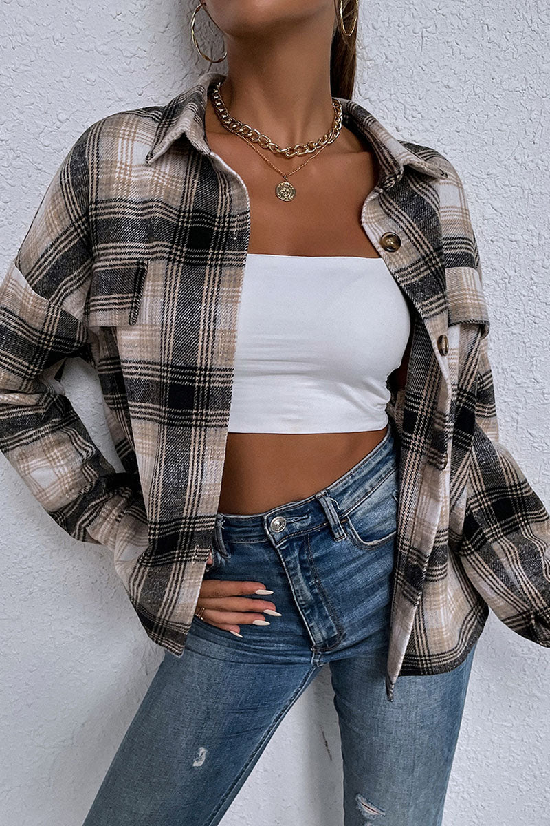 Casual Plaid Split Joint Turndown Collar Tops