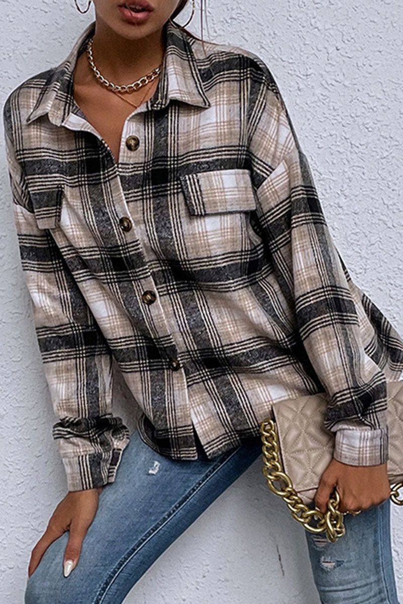 Casual Plaid Split Joint Turndown Collar Tops