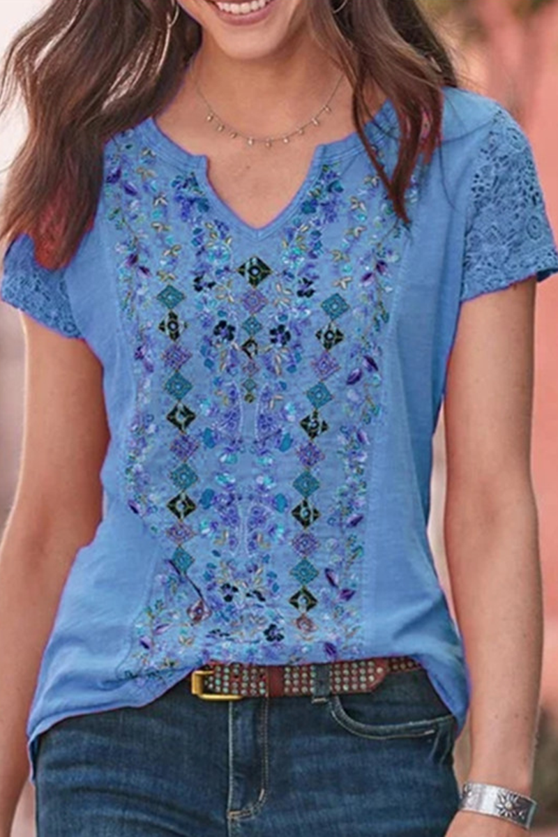 Casual Print Patchwork V Neck T-Shirts(5 Colors)