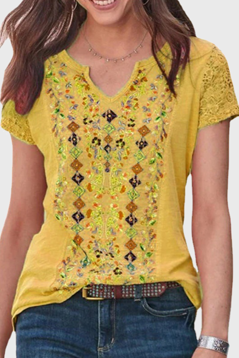 Casual Print Patchwork V Neck T-Shirts(5 Colors)