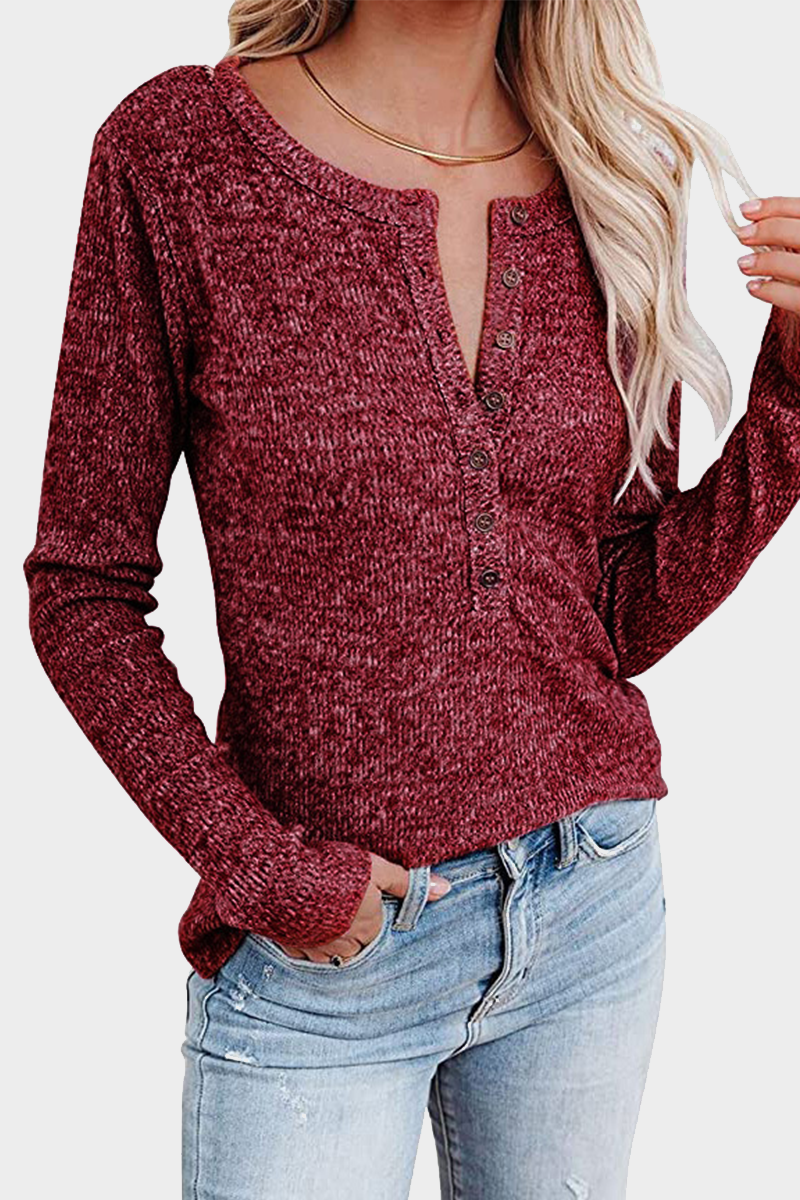 Casual Solid Split Joint Buttons O Neck Tops(4 Colors)