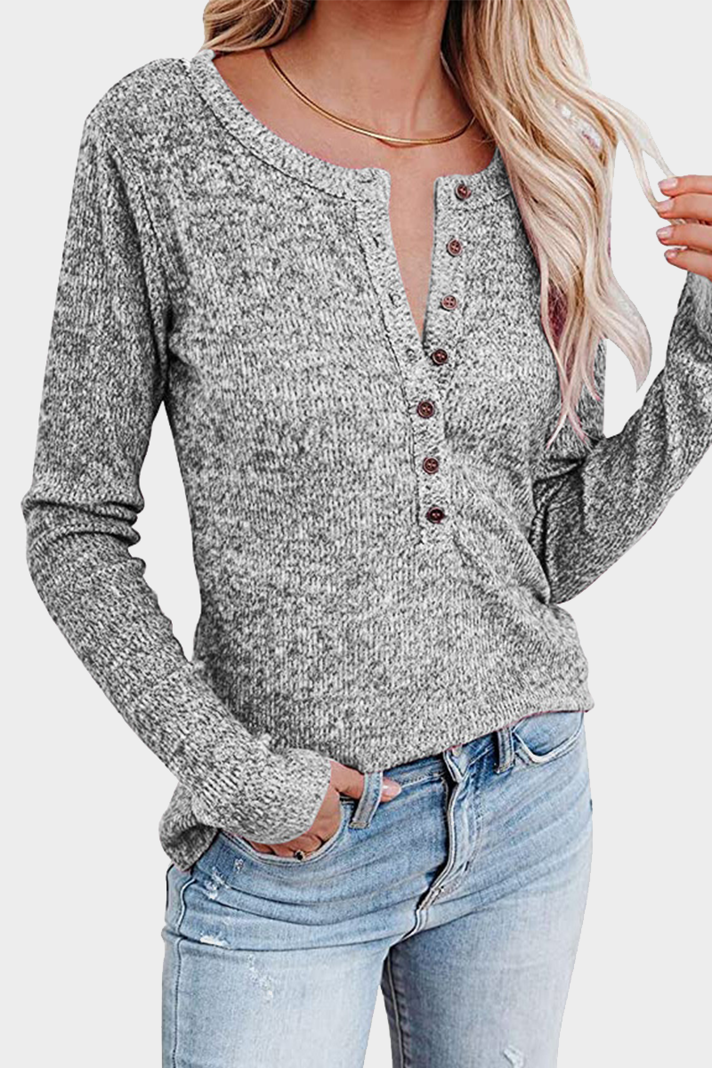 Casual Solid Split Joint Buttons O Neck Tops(4 Colors)