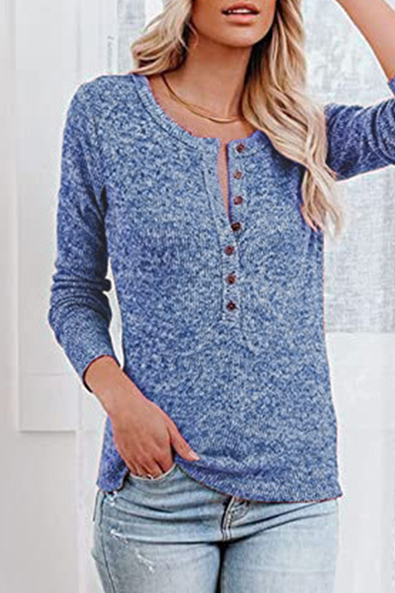 Casual Solid Split Joint Buttons O Neck Tops(4 Colors)