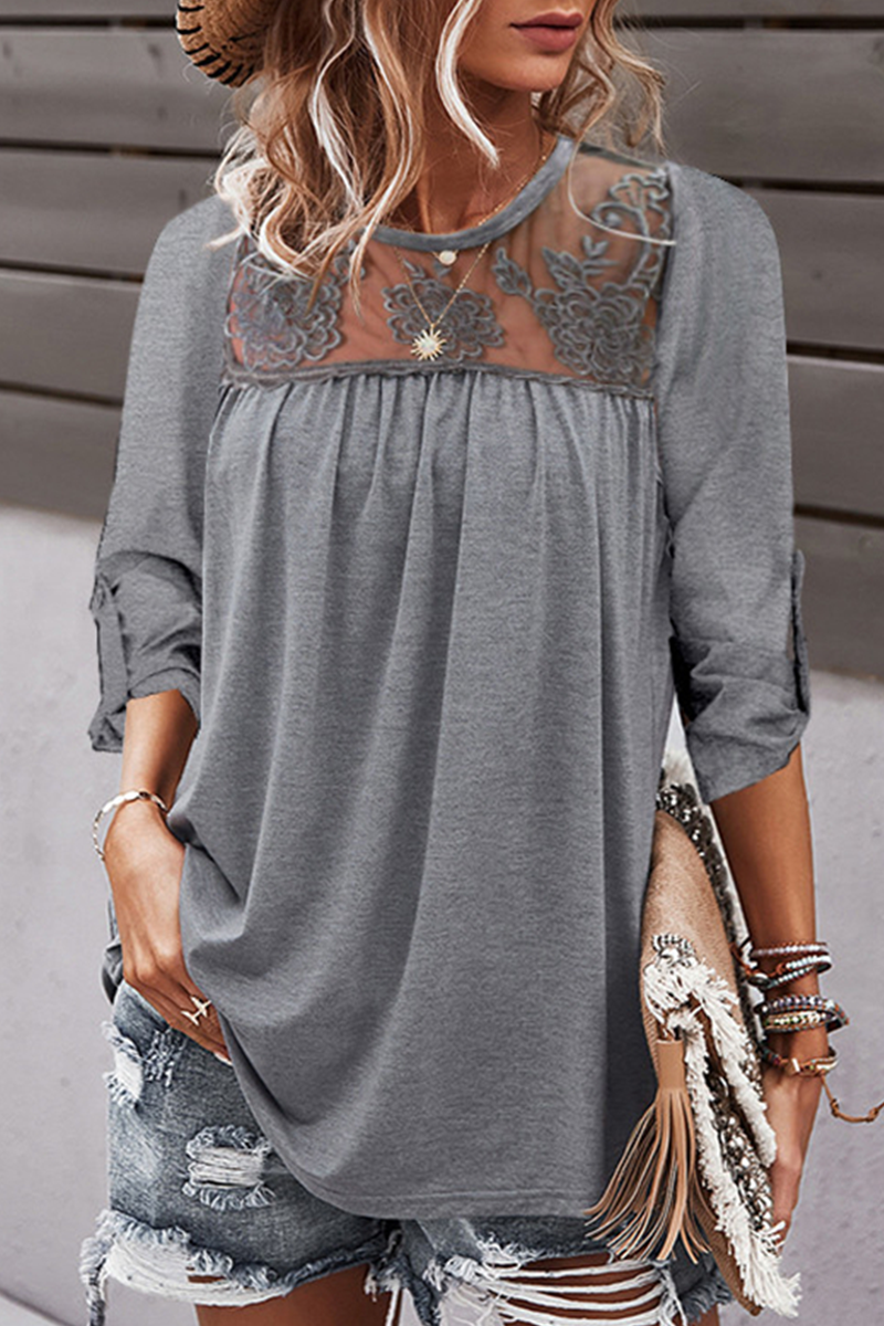 Casual Solid Lace Fold O Neck T-Shirts(4 Colors)