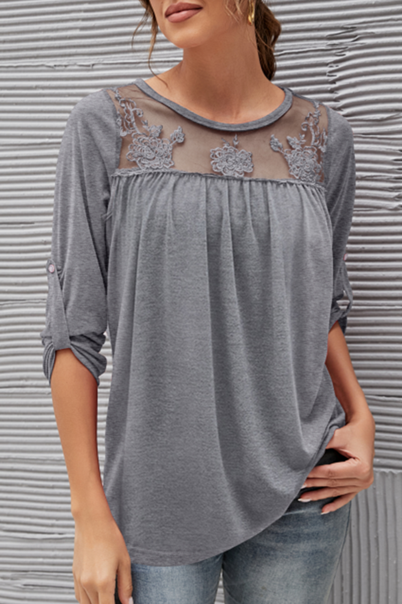 Casual Solid Lace Fold O Neck T-Shirts(4 Colors)