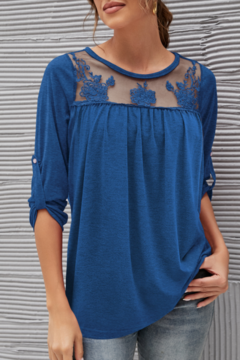 Casual Solid Lace Fold O Neck T-Shirts(4 Colors)