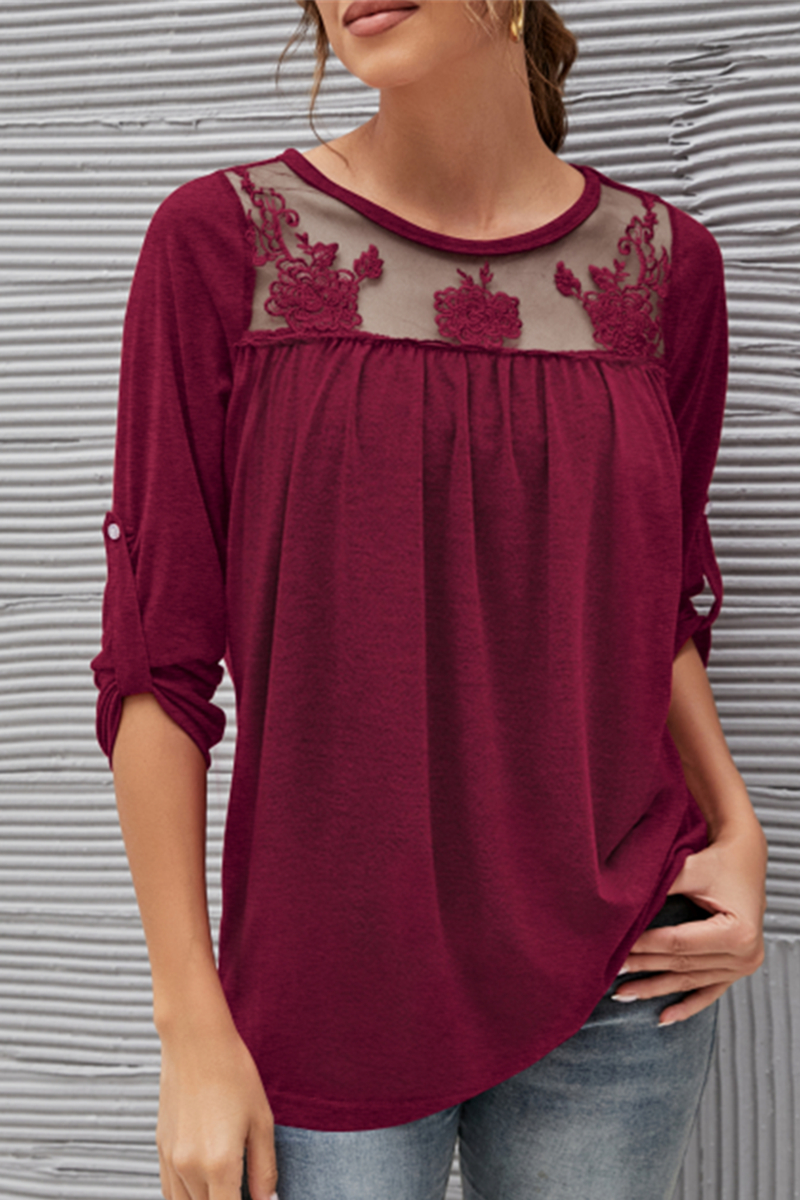 Casual Solid Lace Fold O Neck T-Shirts(4 Colors)