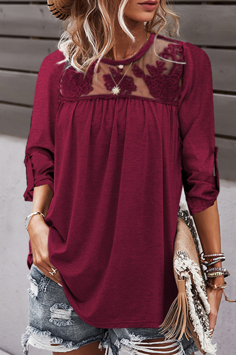 Casual Solid Lace Fold O Neck T-Shirts(4 Colors)