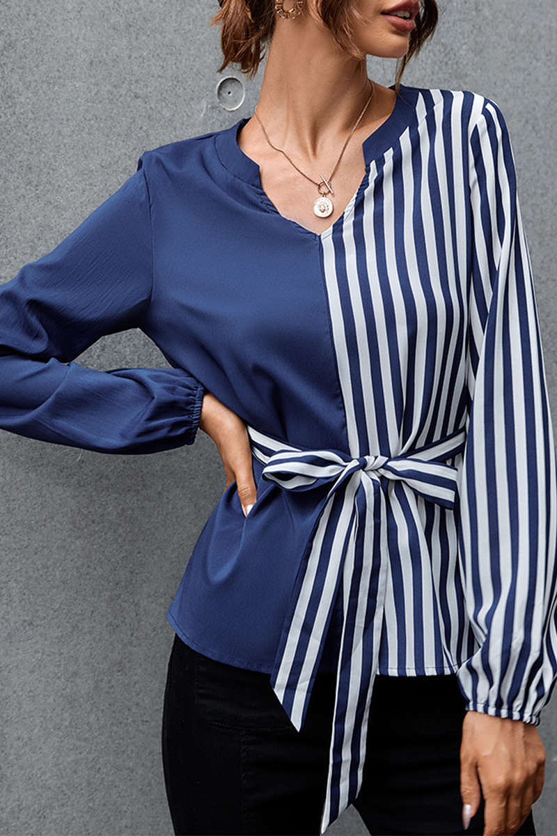 Elegant Striped Split Joint With Belt V Neck Tops