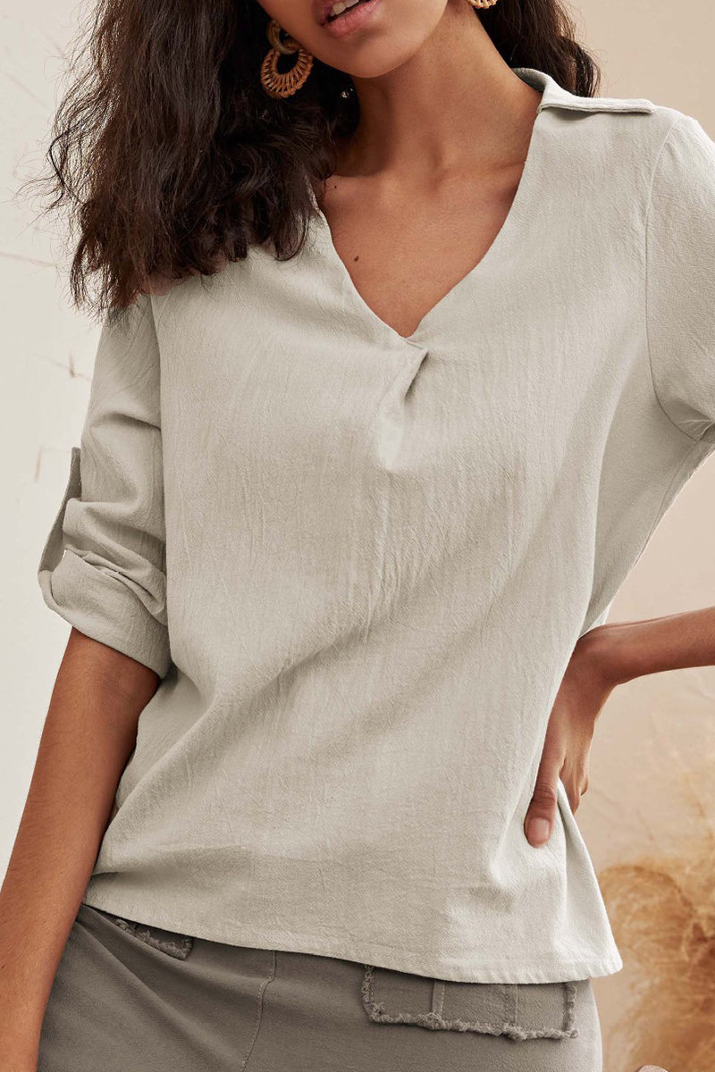 Casual Solid Split Joint Buttons V Neck Tops