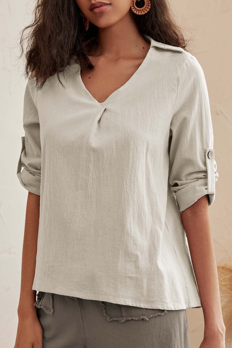 Casual Solid Split Joint Buttons V Neck Tops