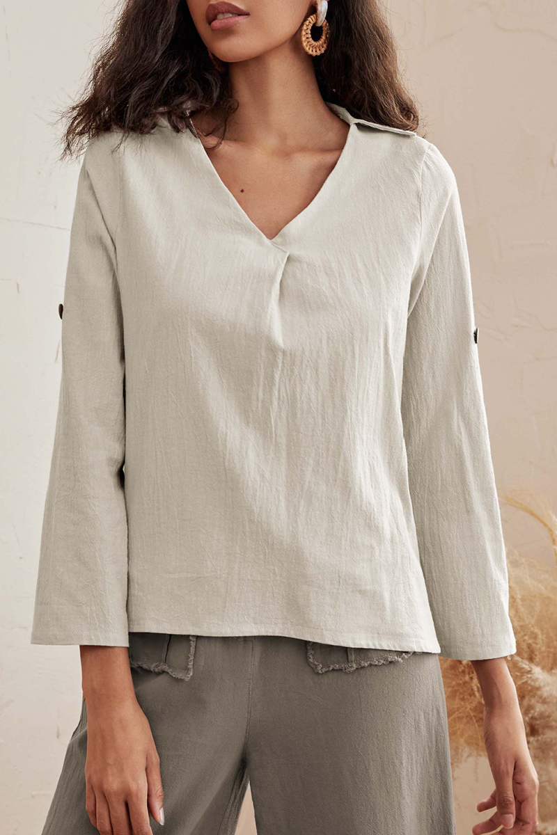 Casual Solid Split Joint Buttons V Neck Tops