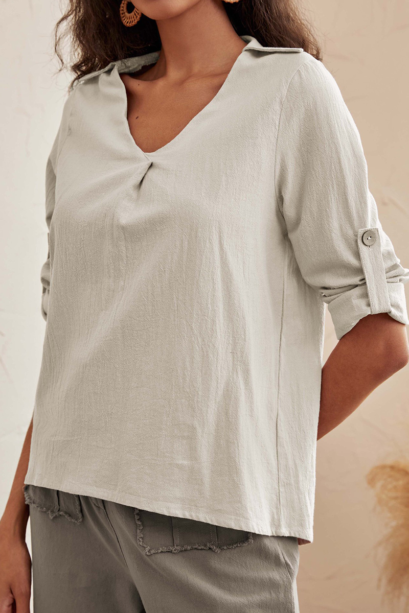 Casual Solid Split Joint Buttons V Neck Tops