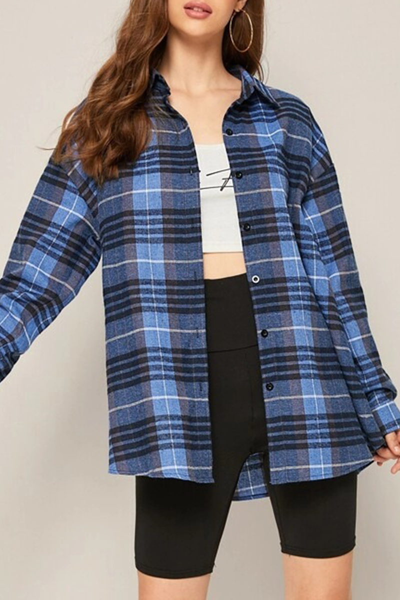 Casual Street Plaid Buckle Shirt Collar Blouses(13 Colors)