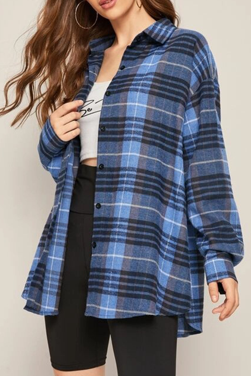 Casual Street Plaid Buckle Shirt Collar Blouses(13 Colors)