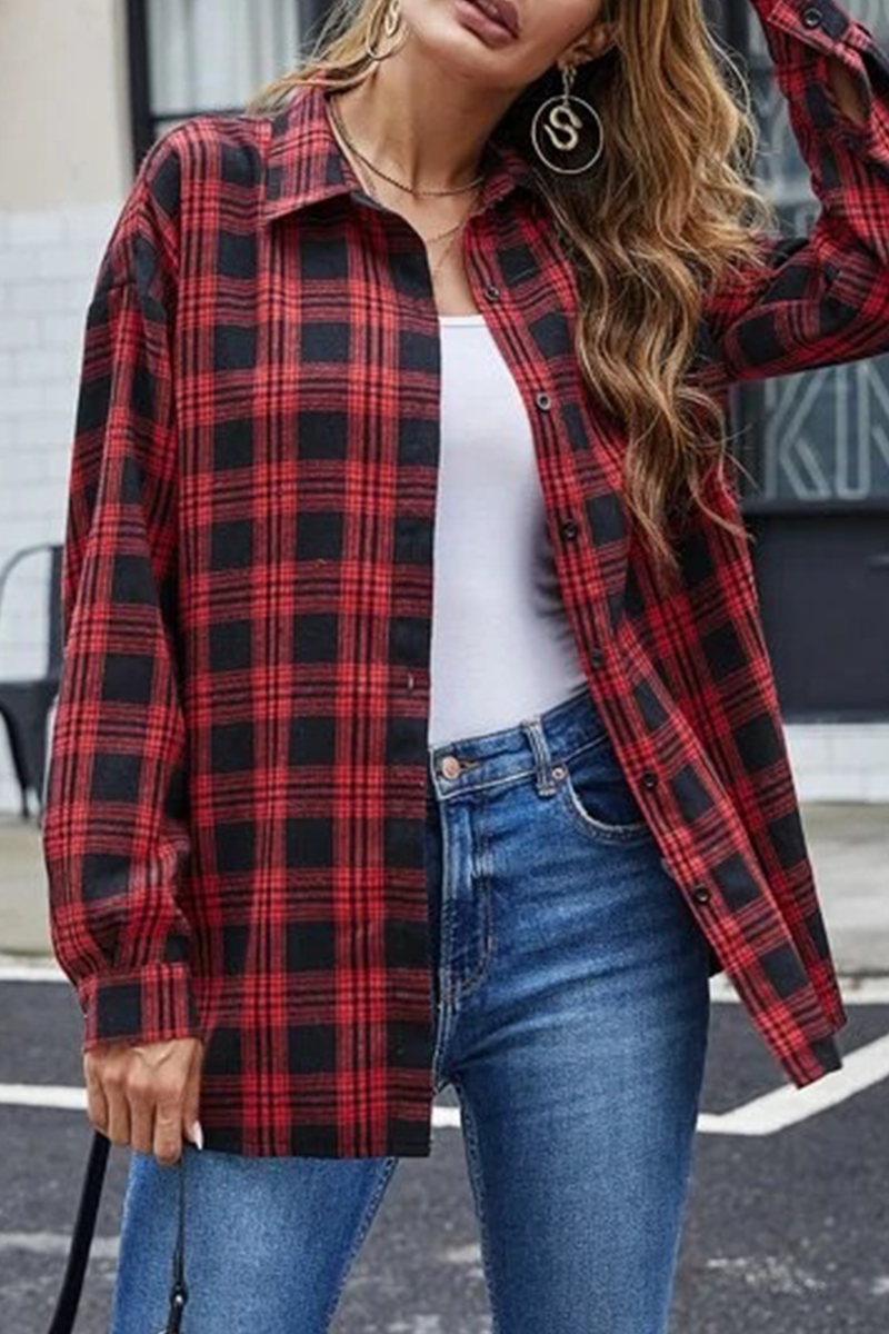 Casual Street Plaid Buckle Shirt Collar Blouses(13 Colors)